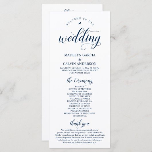 Elegant Classy Navy Blue, Hochzeitfeier Programm (Vorne/Hinten)