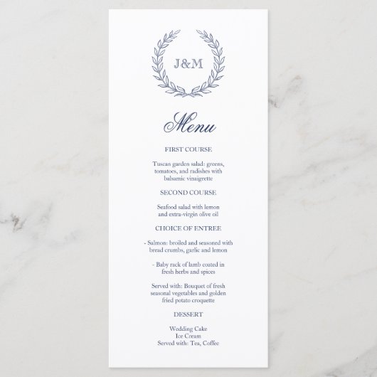 Elegant Classy Navy Blue Wedding Monogram Menükarte (Vorderseite)