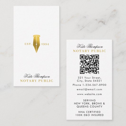 Elegant Classy Notary Signing Agent QR Code Gold Visitenkarte (Vorne/Hinten)