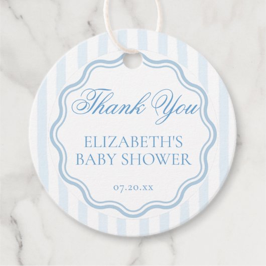 Elegant Coastal Blue Stripe Wavy Script Thank You Geschenkanhänger (Vorderseite)