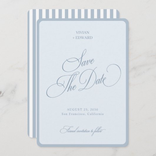 Elegant Coastal Blue Stripes Border Retro Wedding Save The Date (Vorne/Hinten)