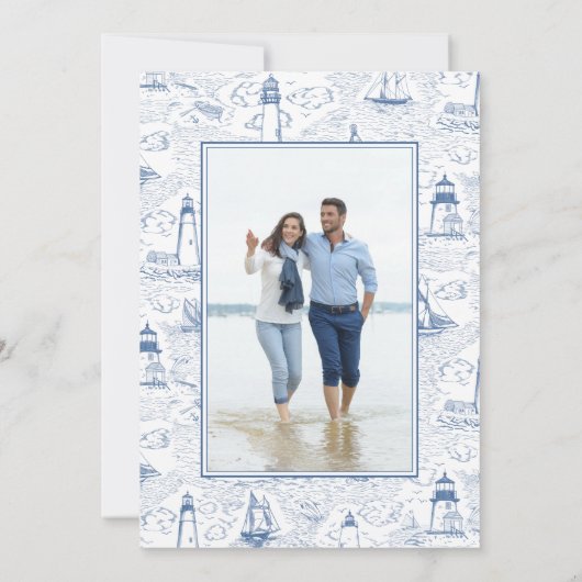 Elegant Coastal Blue Toile Wedding Photo Save The Date (Rückseite)