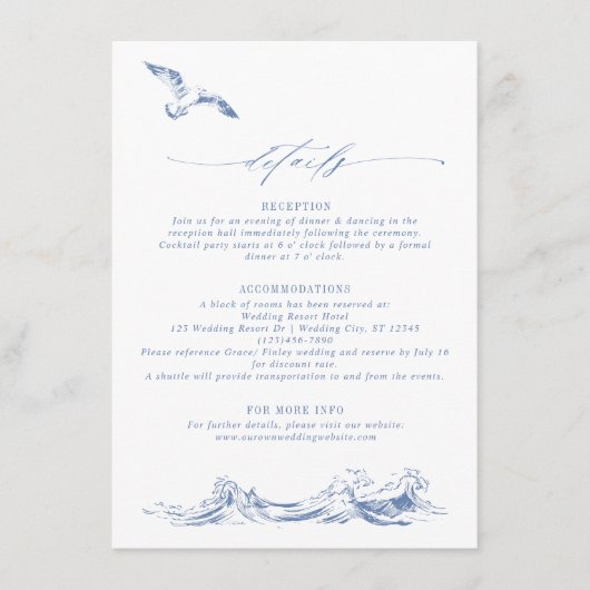 Elegant Coastal Chic Blue Wedding Details Begleitkarte (Vorderseite)