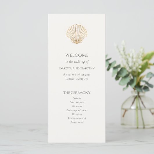Elegant Coastal gold Seashell Wedding Program (Stehend Vorderseite)