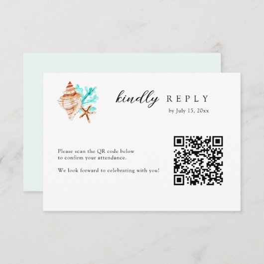Elegant Coastal Seashell QR Code Beach Wedding RSVP Karte (Vorne/Hinten)