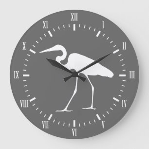 Elegant Coastal White Egret Bird & Gray Große Wanduhr
