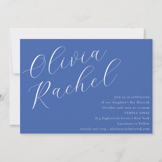 Elegant Cobalt Blue Script Minimal Bat Mitzvah Einladung (Vorderseite)