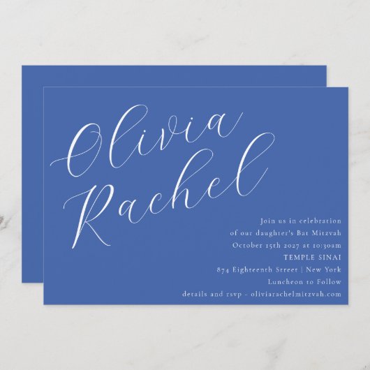 Elegant Cobalt Blue Script Minimal Bat Mitzvah Einladung (Vorne/Hinten)