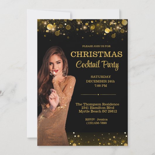 Elegant Cocktail Christmas Black Gold Party Einladung (Vorderseite)