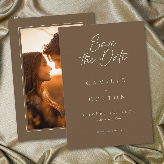 Elegant Cocoa Brown Minimalist Wedding Photo Save The Date