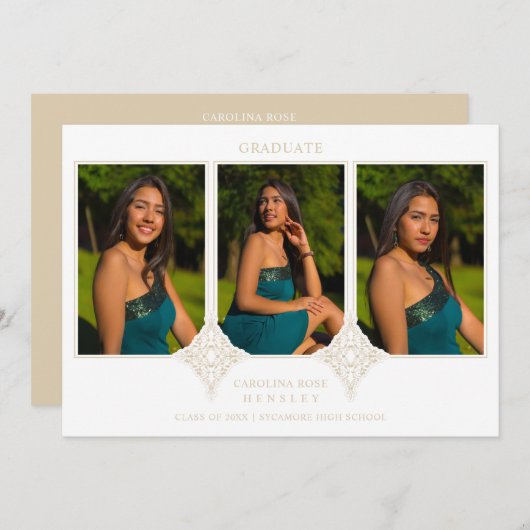Elegant Collage Lace Romantic 3 Photos Graduation Einladung (Vorne/Hinten)
