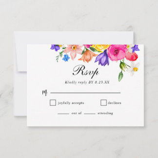 Elegant  Colorful Bold Watercolor Floral wedding RSVP Karte