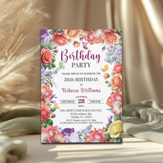 Elegant Colorful Floral 36th Birthday Party Einladung