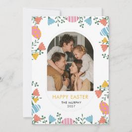 Elegant Colorful Oval Floral Easter Family Photo Feiertagskarte