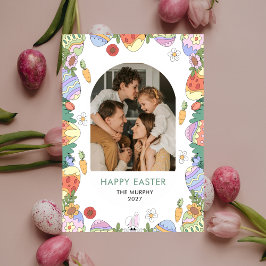 Elegant Colorful Oval Floral Easter Family Photo Feiertagskarte