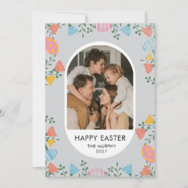 Elegant Colorful Oval Floral Easter Family Photo Feiertagskarte