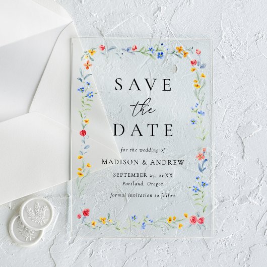 Elegant Colorful Wildflower Wedding Save the Date Acryleinladungen