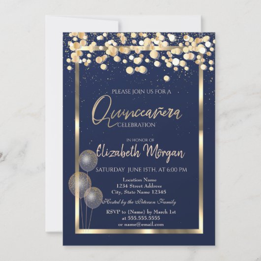 Elegant Confetti Balloons Navy Blue Quinceañera Einladung (Vorderseite)