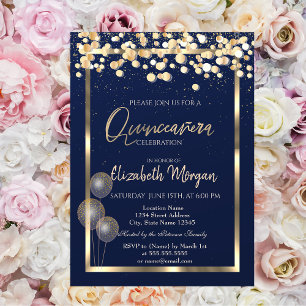 Elegant Confetti Balloons Navy Blue Quinceañera Einladung