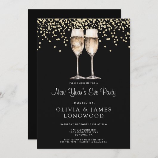 Elegant Confetti Champagne Brillen Neujahr Einladung (Vorne/Hinten)