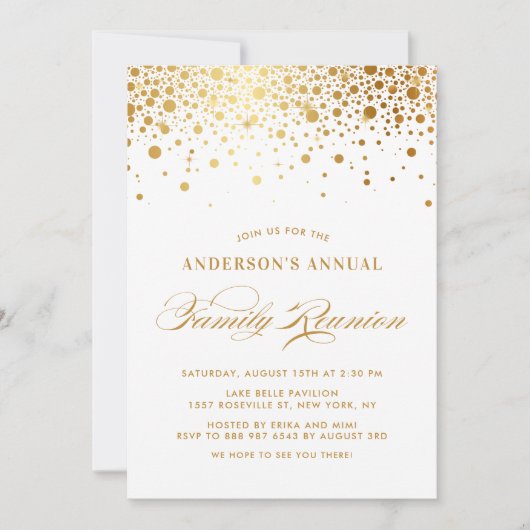 Elegant Confetti Dots Gold Foil Family Wiedersehen Einladung (Vorderseite)
