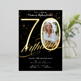 Elegant Confetti Foto Black Gold 70. Geburtstag Folieneinladung