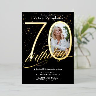 Elegant Confetti Foto Black Gold 70. Geburtstag Folieneinladung