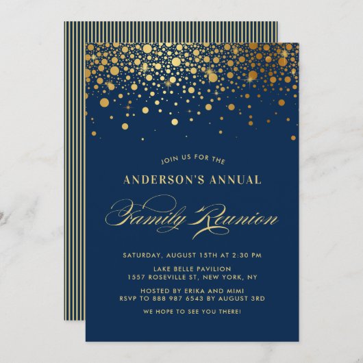 Elegant Confetti Gold Foil Blue Family Wiedersehen Einladung (Vorne/Hinten)