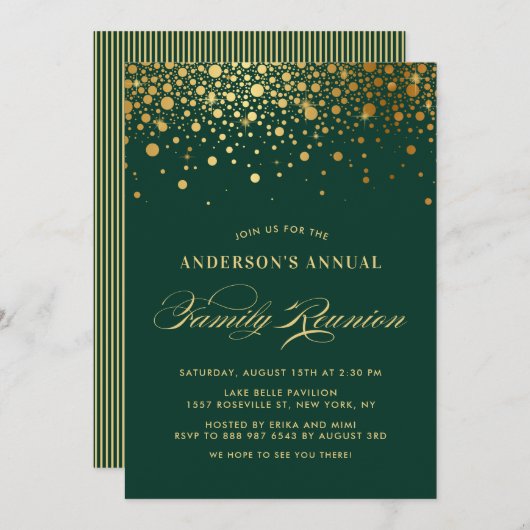 Elegant Confetti Gold Foil Green Family Wiedersehe Einladung (Vorne/Hinten)