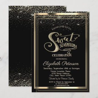 Elegant Confetti Gold Frame Sweet 17 Geburtstag Einladung