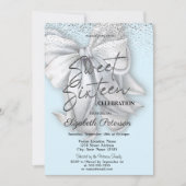 Elegant Confetti White Bow Light Blue Sweet 16 Einladung (Vorderseite)