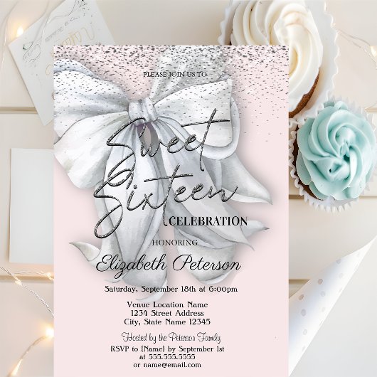 Elegant Confetti White Bow Pink Sweet 16 Einladung