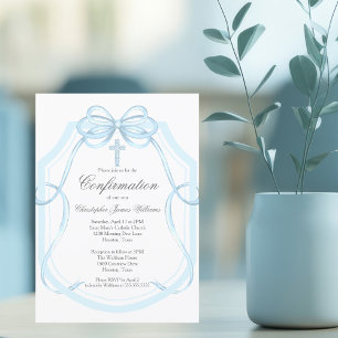 Elegant Confirmation Blue Bow Ribbon Cross Einladung