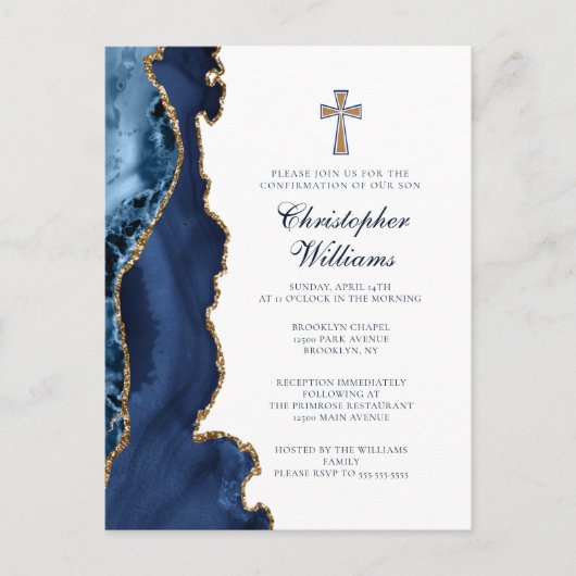 Elegant Confirmation Navy Blue Gold Einladung Postkarte (Vorderseite)