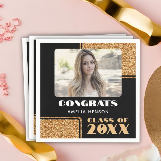 Elegant Congrats Graduate Gold Glitter Photo   Serviette