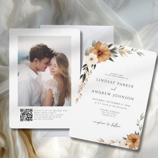 Elegant Copper & Earthy Botanical Photo Wedding Einladung