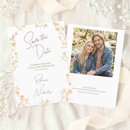 Elegant Copper Glow Wildflowers Script Photo Save The Date