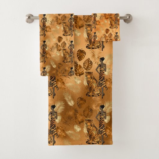 Elegant Copper Gold Tiger Lady Graphic Badhandtuch Set (Insitu)