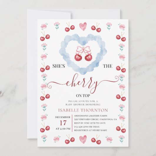 Elegant Coquette Cherry on Top Baby Shower Einladung (Vorderseite)