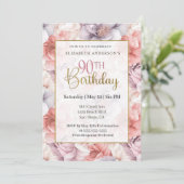 Elegant Coral and Lavender Peony 90th Birthday  Einladung (Stehend Vorderseite)