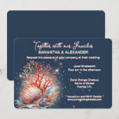 Elegant Coral Blue Beach Wedding Invitation Einladung (Vorne/Hinten)