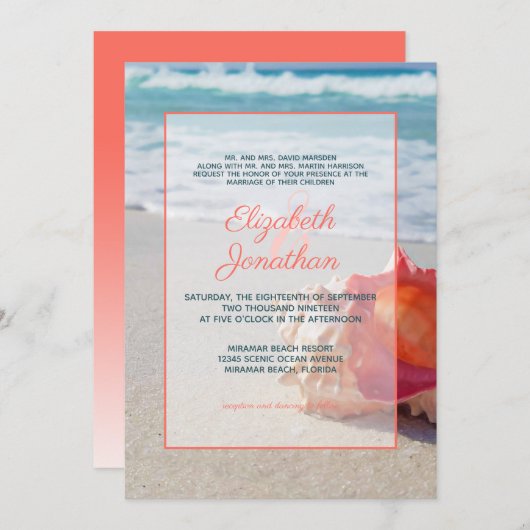 Elegant Coral Blue Tropical Beach Ombre Wedding Einladung (Vorne/Hinten)