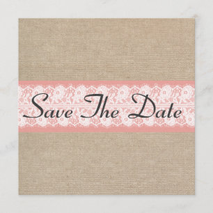 Elegant Coral Burlap Lace Save the Date