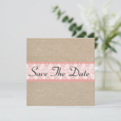 Elegant Coral Burlap Lace Save the Date (Stehend Vorderseite)