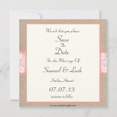 Elegant Coral Burlap Lace Save the Date (Rückseite)