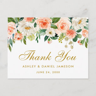 Elegant Coral Floral Gold Hochzeit Vielen Dank Postkarte