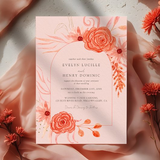 Elegant Coral Floral Terracotta Wedding Einladung