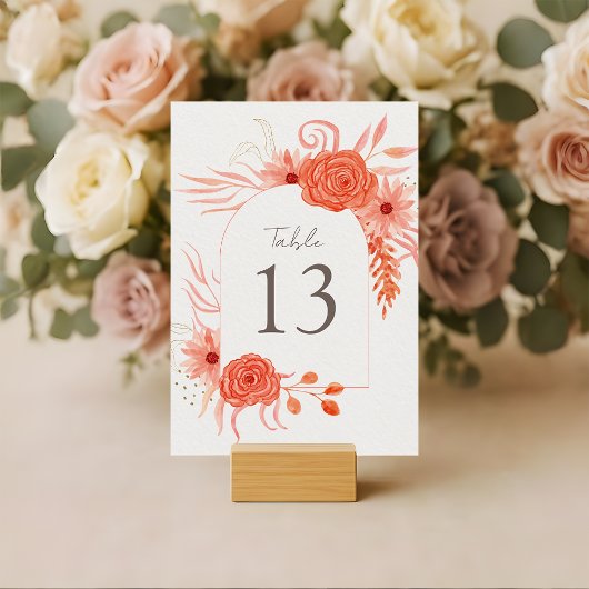Elegant Coral Floral Terracotta Wedding Tischnummer
