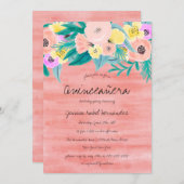 Elegant Coral Gelbe Flora Wasserfarbe Quinceañera Einladung (Vorne/Hinten)