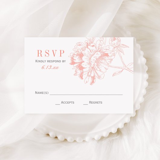 Elegant Coral Gray Floral Peony Wedding RSVP Karte